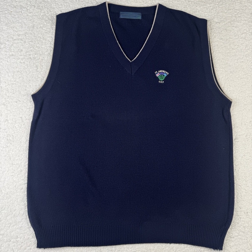 St Andrews Golf Course Lambswool Vest XL Blue Golf Sweater Scotland Vintage Mint